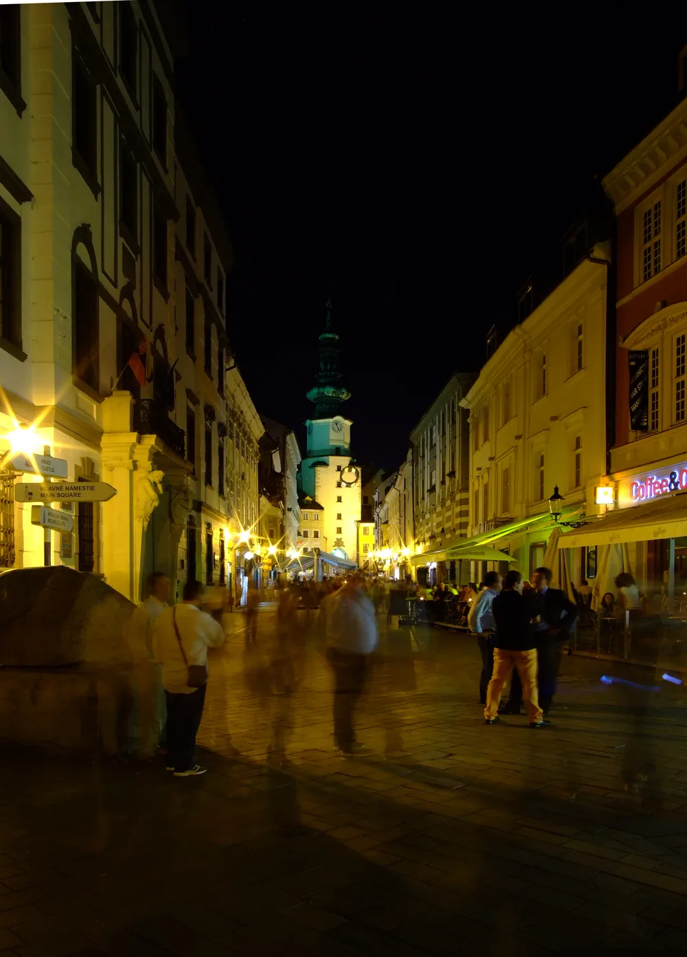 The illuminated Michael’s Gate above Michalská street in Bratislava’s Old Town